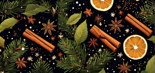 Abstract wallpaper illustration of Christmas spices like cinnamon sticks, star anise, and cloves,