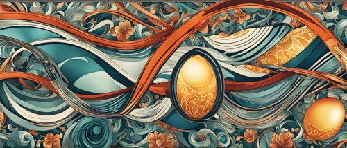A whimsical abstract pattern with intertwined ribbons, eggs, and floral motifs, with a mix of sharp