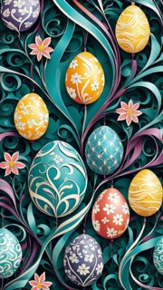 A whimsical abstract pattern with intertwined ribbons, eggs, and floral motifs, with a mix of sharp