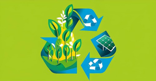 Recycling symbol morphing into growing plants and solar cells to symbolize the transformation of