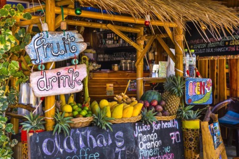 Fruit stand with cocktail, hint, board, drink, info, information, design, food, fruit, beach bar,