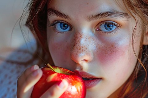 Close up of woman eating red apple fruit. Generative AI, AI generated