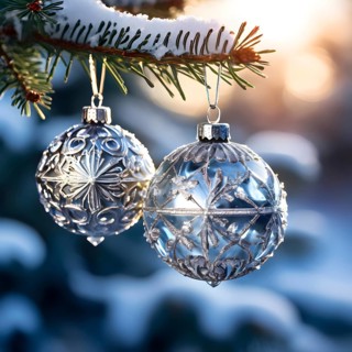 Set of Christmas ornaments hanging on a snow-covered pine tree branch, with frost clinging to the