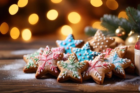 A detailed shot of Christmas cookies on a wooden table, featuring star-shaped cookies with colorful