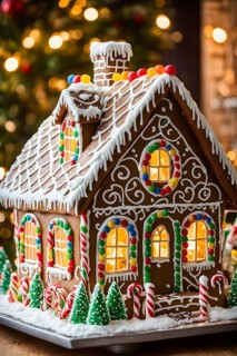 Gingerbread house decorations, focusing on the intricate icing details, colorful candy, and soft,
