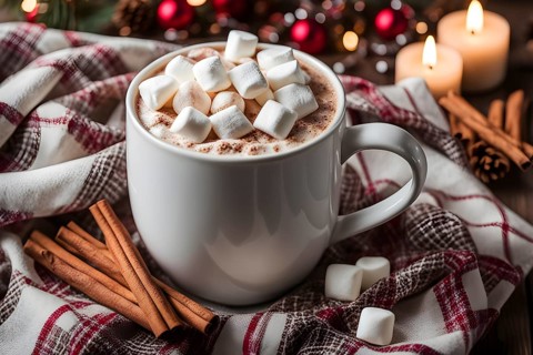 A close-up of a steaming cup of hot cocoa topped with marshmallows, surrounded by cinnamon sticks,