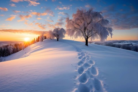 Footprints in fresh snow on a hill with a row of trees in winter in golden sunrise light, AI