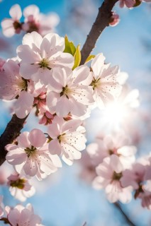 Blooming cherry blossoms with soft pink petals against a clear blue sky, with delicate sunlight