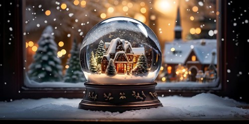 Snow globe with a tiny festive village inside, capturing the swirling snow and the light