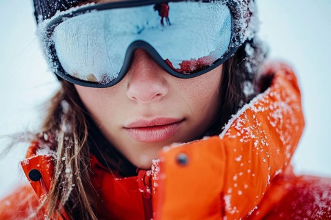 Woman's face with ski sunglasses and hat in winter. Generative Ai, AI generated