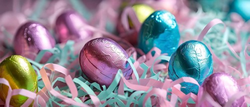 Small chocolate Easter eggs wrapped in shiny foil, placed on a bed of shredded pastel-colored