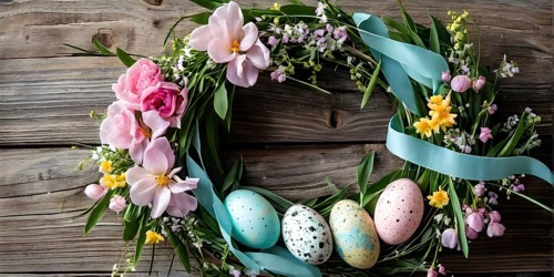 Spring wreath with pastel ribbons, speckled eggs, and blooming flowers, hanging on a wooden