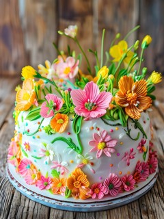 Decorated Easter cake with intricate icing flowers and colorful sprinkles, placed on a rustic