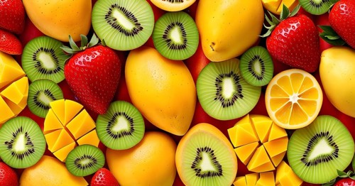 Colorful and artfully arranged slices of fruits like mangoes, strawberries, and kiwi, AI generated