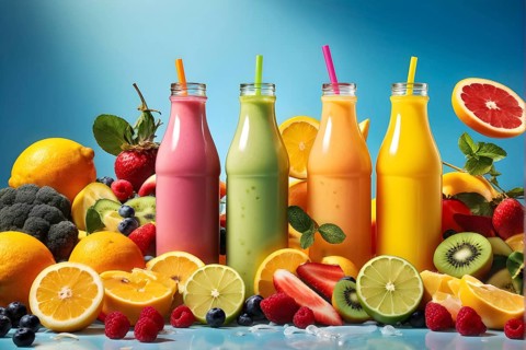 Smoothie surrounded by an assortment of fruits and vegetables, AI generated