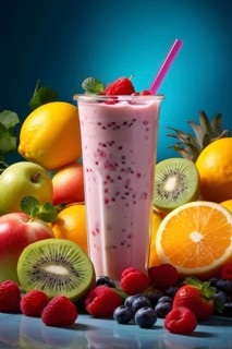 Smoothie surrounded by an assortment of fruits and vegetables, AI generated