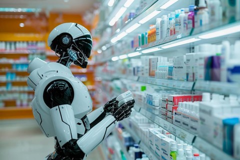 Futuristic humanoid robot shopping in a pharmacy, AI generated