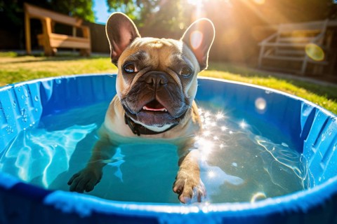 French Bulldog dog in small blue paddling pool. KI generiert, generiert AI generated