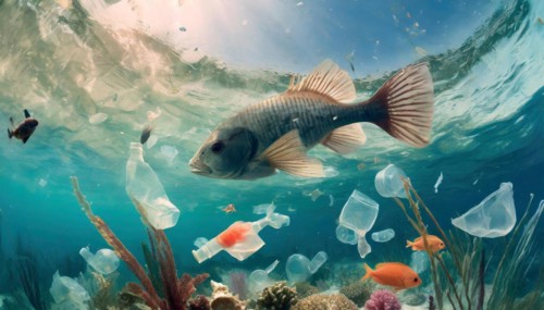 Symbolism, waste problem, plastic waste drifts in the sea and endangers animals, AI-generated,