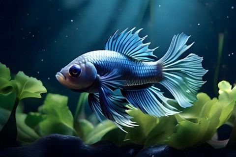 Solitary betta fish fins resemble flowing silk hiding in shadowy nooks, AI generated