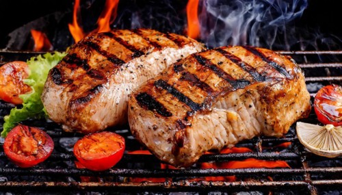 Food, dishes, two turkey steaks on a charcoal grill with glowing charcoal, AI generated, AI