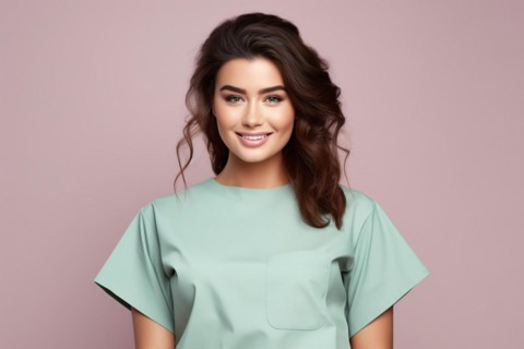 Young medical staff woman with green scrub on studio background. KI generiert, generiert, AI