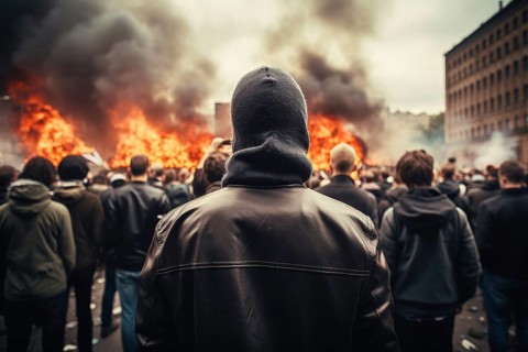 Back view of young men in street riot with fire burning in city. KI generiert, generiert AI