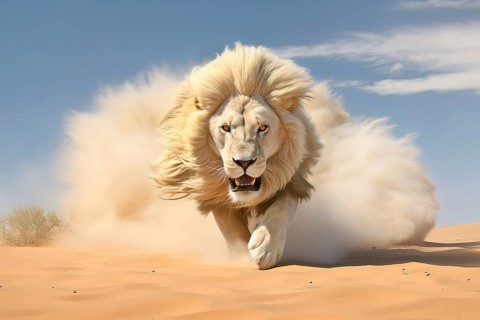 Male Lion running in the desert, Africa, AI generated