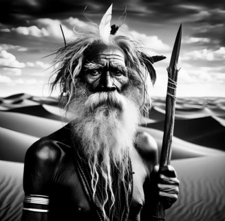 An old man of the Aborigine, the indigenous Australian aborigines, in the desert, image in black