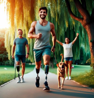 A man with an amputated leg and prosthesis jogs while being cheered on, symbolic image people with