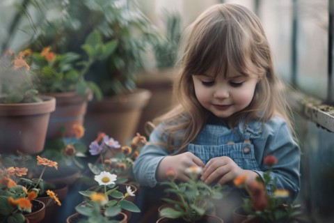 Child taking care of small plant seedlings in greenhouse. KI generiert, generiert, AI generated