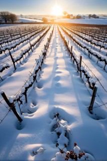 AI generated winter in the vineyard with snow blankets dormant vines and ambient light