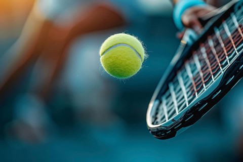 Close up of tennis racket hittng ball. Generative AI, AI generated