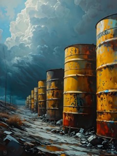 Representation of illegal nuclear waste barrel leaking radioactive material, AI generated
