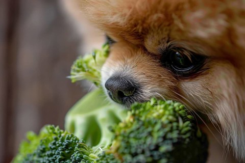 Close up of Pomeranian dog eating raw broccoli vegetable. Generative Ai, AI generated