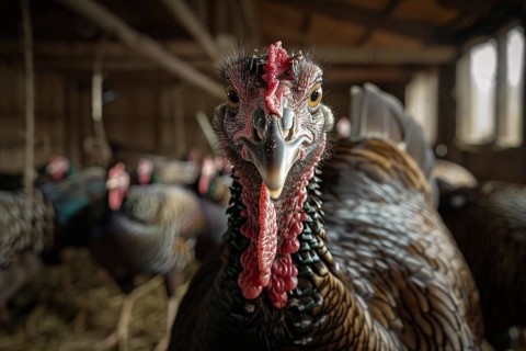 Close up of turkey bird in stable. Generative AI, AI generated