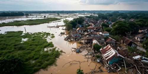 Aerial view showcases the extensive demolition within a village in massive water flood, AI