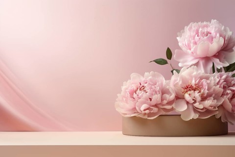 Podium with pink peopny flowers. KI generiert, generiert, AI generated