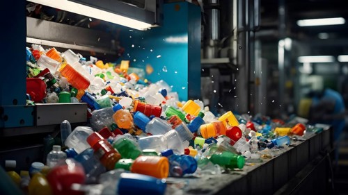 Plastic recycling process with shredded pet bottles and assorted plastic waste compressed, AI