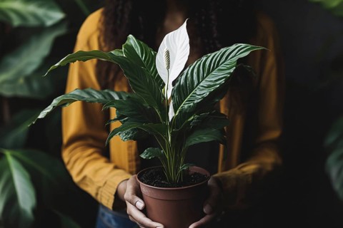 Woman's hands holding potted Peace Lilly houseplant with white flowers. Generative Ai, AI generated