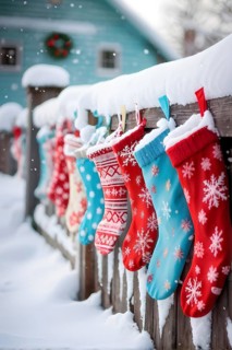 Row of Christmas stockings hanging from a snow-covered wooden fence, with delicate frost patterns