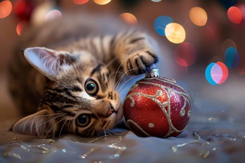 Cute tabby cat playing with red Christmas tree bauble. Generative AI, AI generated