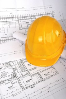 Building plan and helmet, symbol image for architect, architects, studio