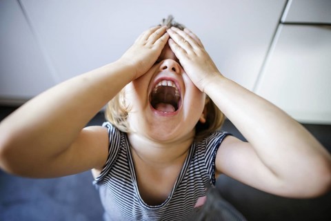 Symbolic photo on the subject of tantrums in children (staged scene) . A little girl holds her