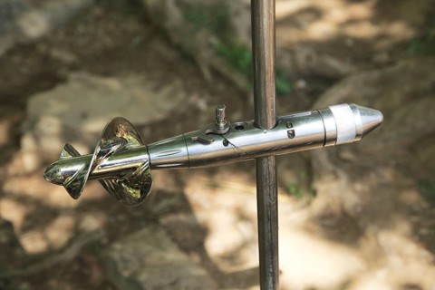 Close up of impeller flowmeter used for measuring water velocity in river