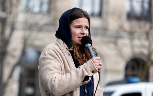 Luisa Neubauer speaks during a demonstration by Fridays for Future for compliance with climate