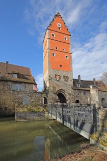 Wörnitz gate with Wörnitz stream, town gate, Dinkelsbühl, Middle Franconia, Franconia, Bavaria,