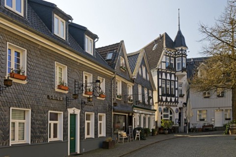 Church square with typical Bergisch houses, Historic Upper Town, Mettmann, Bergisches Land, North