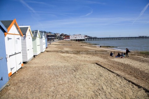 Seaside beach huts Felixstowe Suffolk, England, UK 2010
