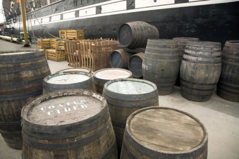 Food supplies in wooden barrels SS Great Britain maritime museum, Bristol, England, UK